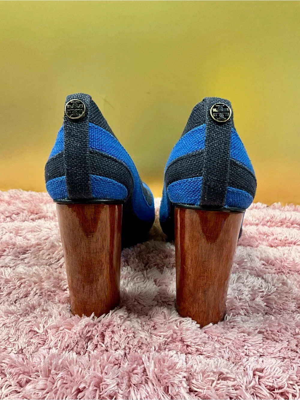 Tory Burch Blue and Black Striped Platform Pumps